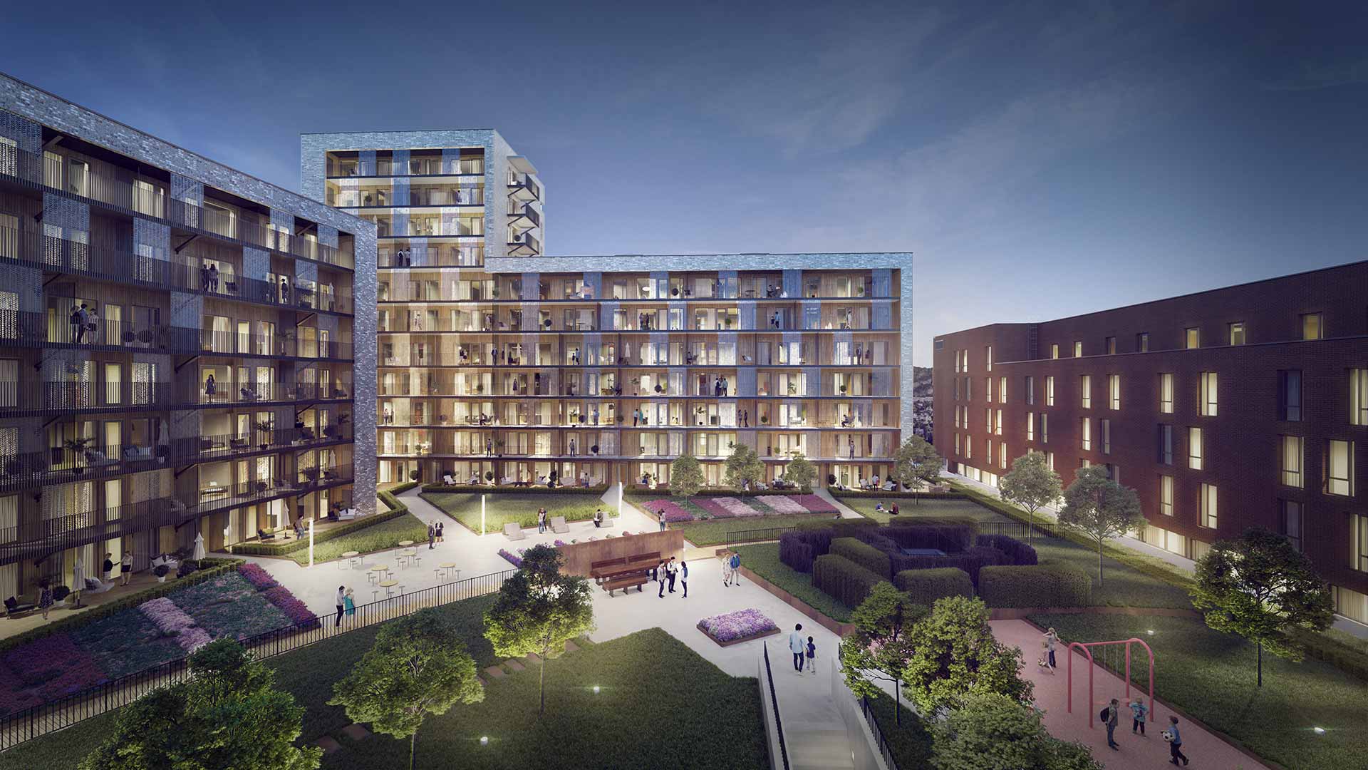 Illustrasjon av Storotunet med takterrassene i fokus