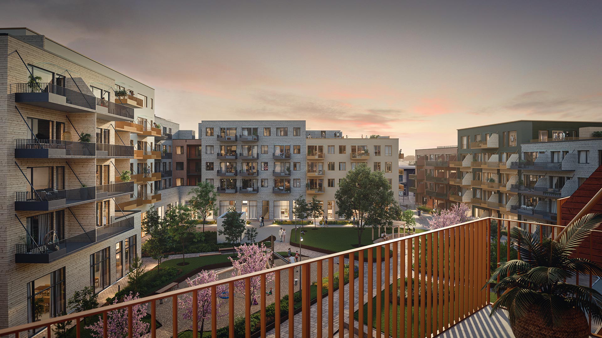 Illustrasjon av Thon Eiendom sitt nye boligprosjekt Moss sentrum. Viser høststemning, leiligheter med lys i vinduene og folk i gatene.