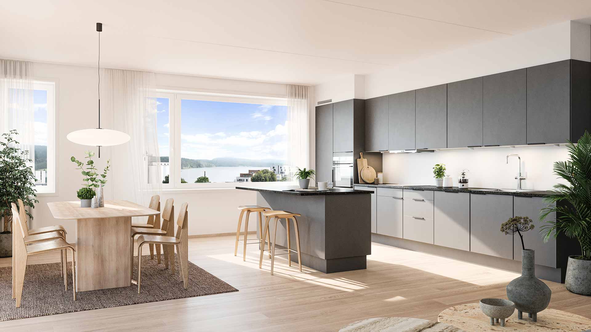 Illustrasjonsbilde fra en 3-roms leilighet. Et rom med åpen kjøkkenløsning ut mot stuen. Kjøkkenet har sorte fronter og detaljer i krom. Spisestuen er i lyst tre ned en lampe i oval form som henger over spisebordet.