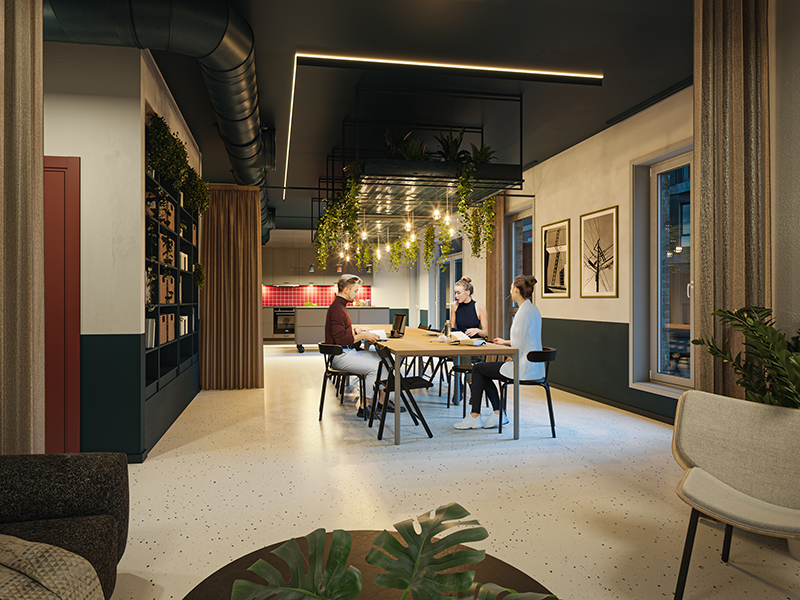 Stort selskapslokale med spisebord i midten. Illustrasjonsbilde.