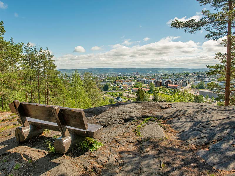 Bilde av utsiktspunktet St. Hanshaugen i Strømmen. Benk i grønne omgivelser med utsikt over Strømmen sentrum.