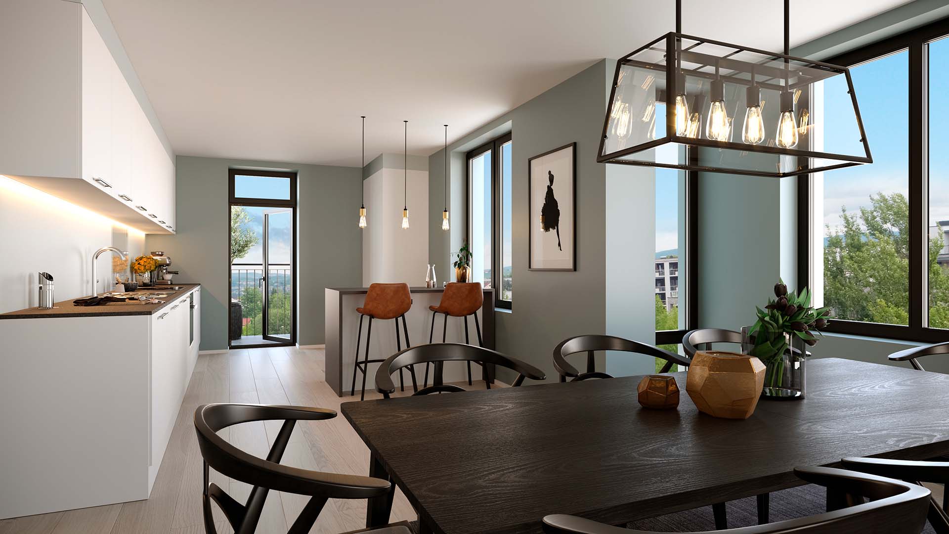 Interi&oslash;rbilde av kj&oslash;kken i boligprosjektet Str&oslash;mmen Verksted, Thon Eiendom