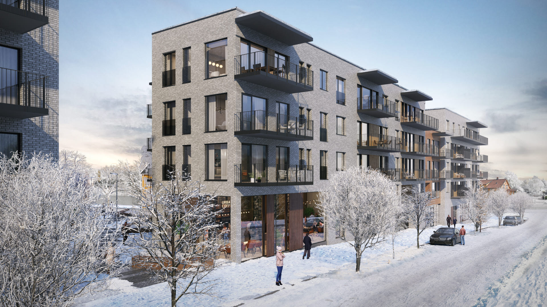 Vinterbilde av fasaden av Wessel Park