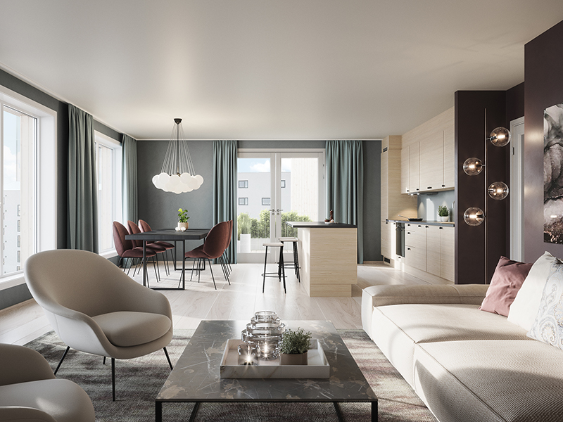 Bildet viser en stue fra boligprosjektet Skårerløkka PREMIUM. En lys sofa står til venstre i bildet. I forkant står et mørkebrunt bord. I bakgrunnen ser man en spisestue og en del av kjøkkenet. Lyst og fint med mye dagslys.