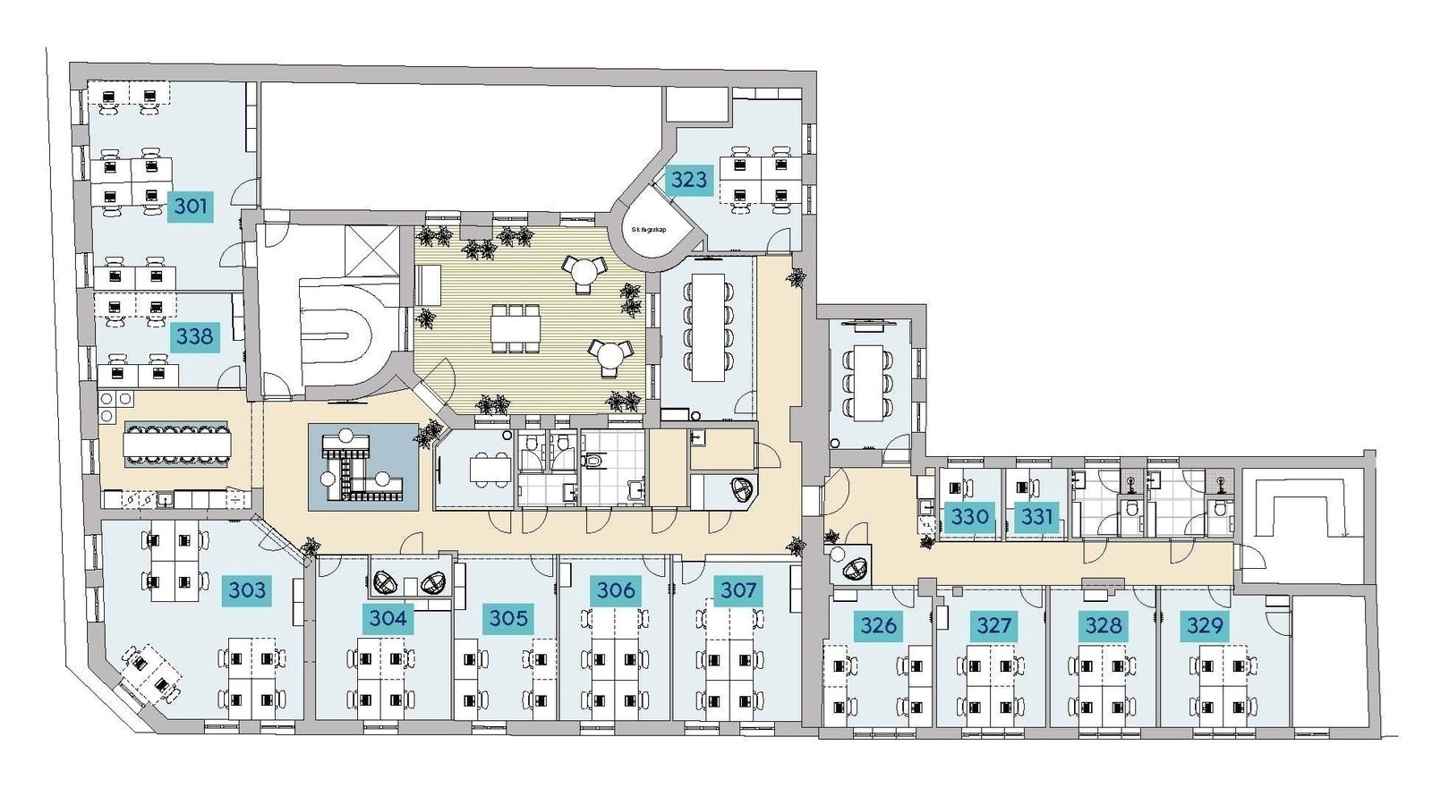 Planløsning. Kontor 306 er ledig.