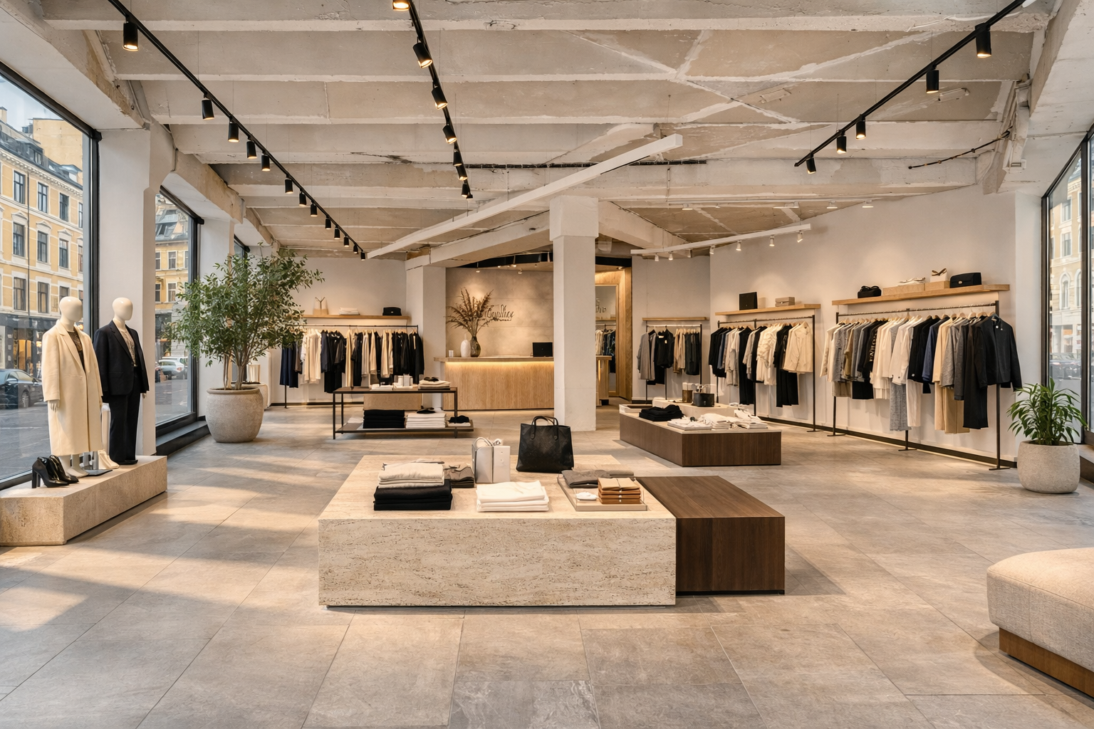 Illustrasjon ved hjelp av Ai, fleksibel lokale med ulike måter å stille ut varene sine på